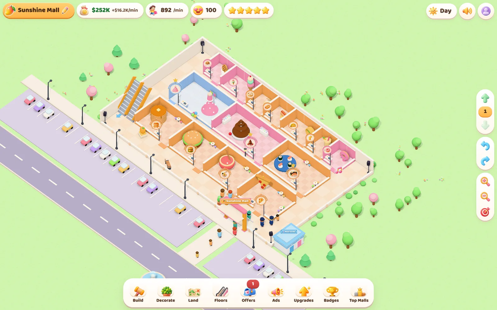 A busy Mango Mall with food and dessert stores, an escalator, a parking lot full of cars, and a five-star rating