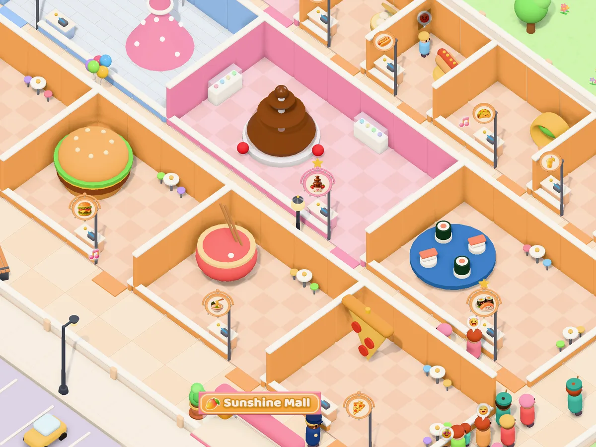 A close-up of the food court with a giant burger, a chocolate fountain, a bowl of noodles, and shoppers walking by